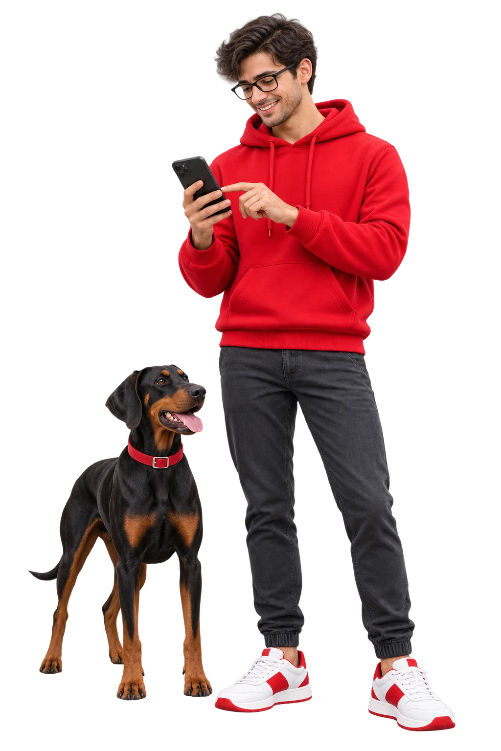 Jeune talent souriant sur son téléphone, avec son chien