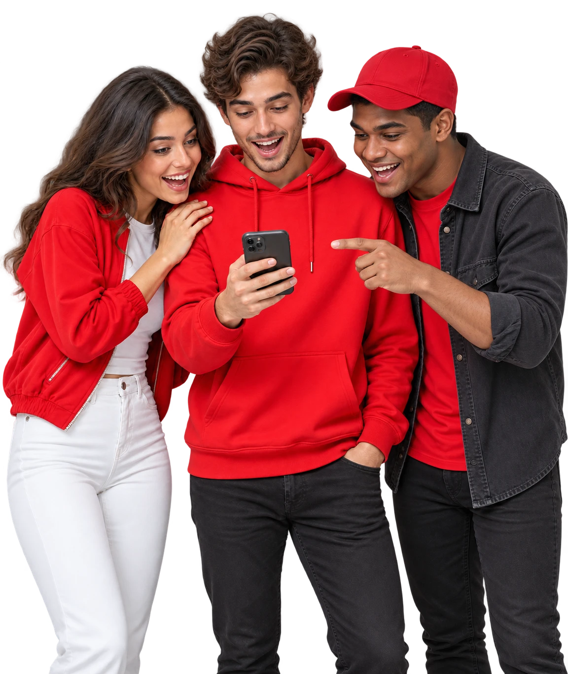 Trois jeunes talents enthousiastes découvrant une création sur un téléphone